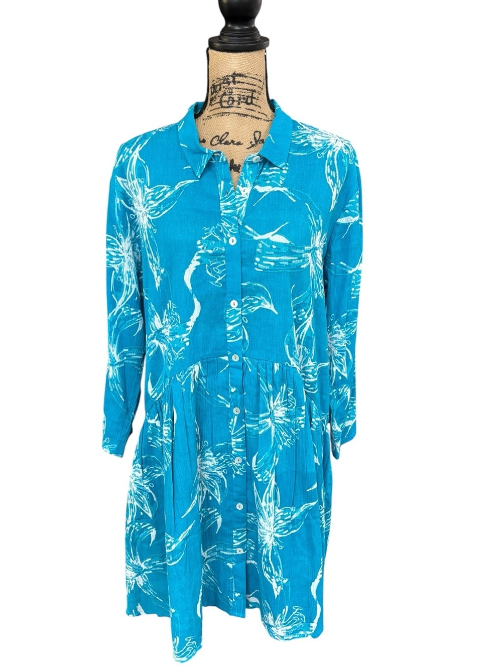 RO'S GARDEN Deauville Floral Mini Dress Button Front Collared Cotton Teal Large - Picture 2 of 9